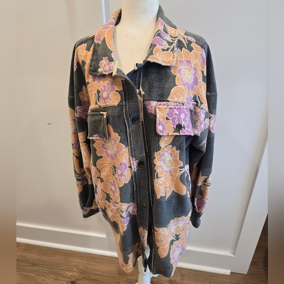 Free People Ruby Floral Grey and Peach Shacket, Size Large - Picture 4 of 9